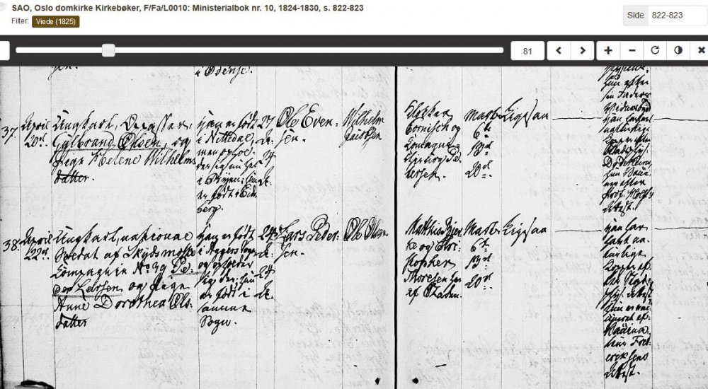 Peder Larsen Anne Dorothea Olsdatter Vielse April 22 1825 Domkiken Kirkebøker_SAO,_Oslo_domkirke_Kirkebøker,_F_Fa_L0010_Ministerialbok_nr._10,_1824-1830,_s._822-823_-_Skanna_arkiver_-_Arkivverket_-_2017-08-08_00.37.12.jpg