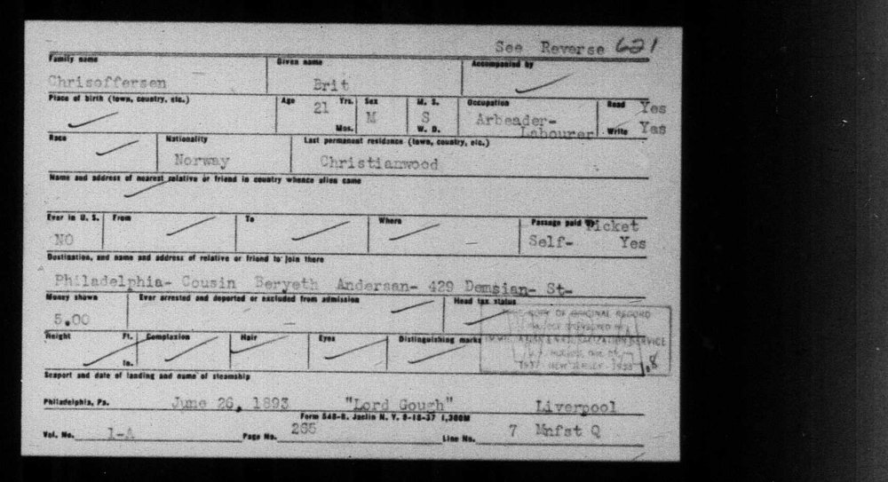 05-027 Brit Chrisoffersen - Pennsylvania, Philadelphia Passenger List Index Cards 1893.jpg