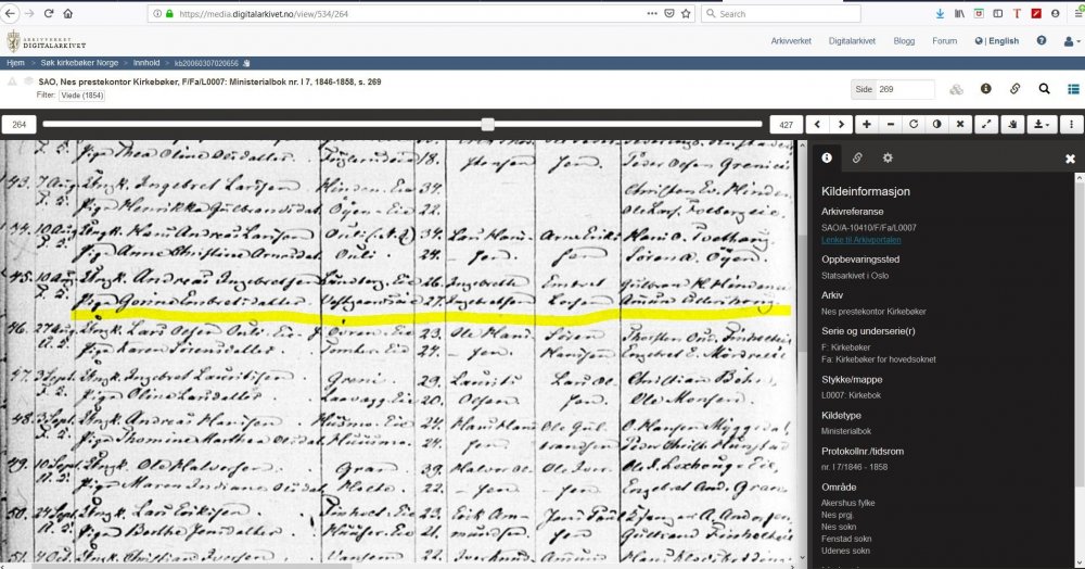 screenshot fra kirkebok - Andreas og Gorine linje 45.JPG