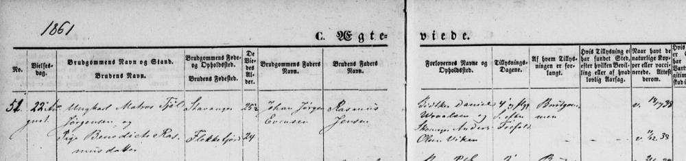 1861 Tjøl Jørgensen og Benedikte gifter seg i Petrikirken.PNG