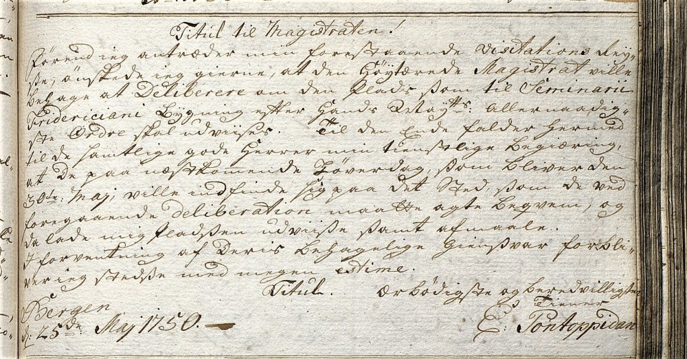 Bergens Magistrat Brev fra Pontoppidan 1750.jpg
