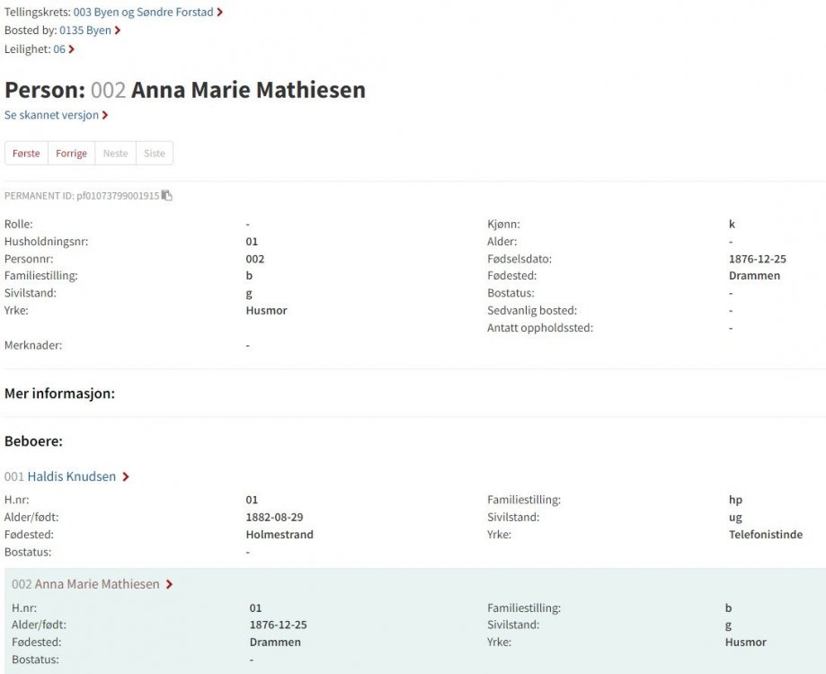 1920 census, Holmestrand, Anna Marie Mathiesen & Haldis Knudsen, Digitalarkivet.jpg