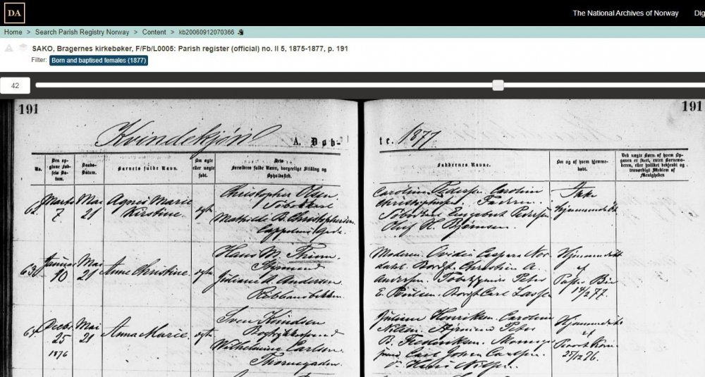 Anna Marie Knudsen, BIRTH 25 Dec 1876, BAPTISM 21 May 1877, DigArkivet, Bragernes churchbook.JPG