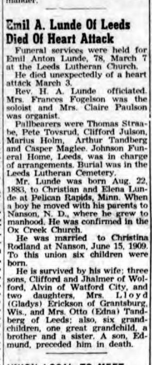 Page 1 of Benson County Farmers Press,published in Minnewaukon, North Dakota on Thursday, March 15th, 1962.jpeg