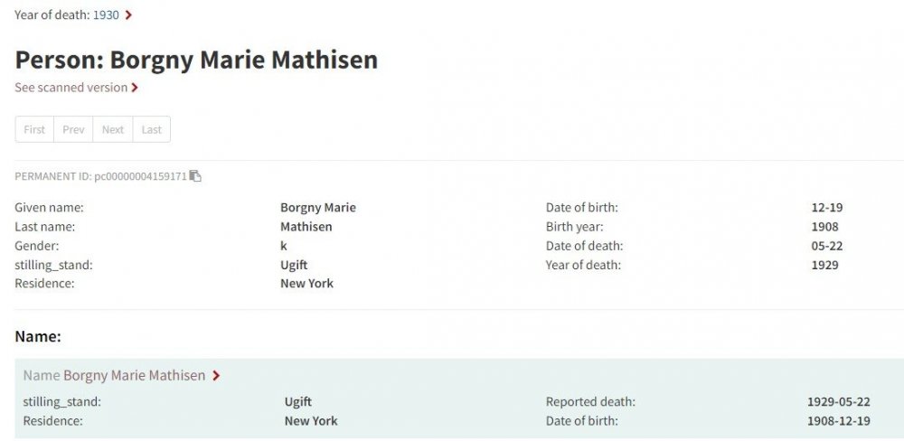 DEATH Notice, Borgny Marie Mathiesen, 22 May 1930, DigitalArkivet, listing info.jpg