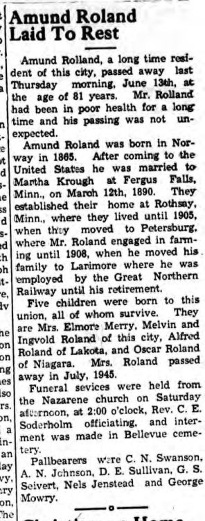 Page 1 of Larimore Pioneer,published in Larimore, North Dakota on Thursday, June 20th, 1946.jpeg