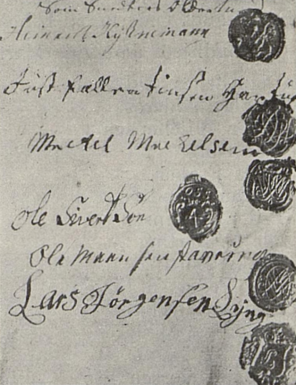 Signaturer og segl fra mesterne i snekkerlauget i Trondheim på en avtale med smedlauget, 25 mai 1768.png